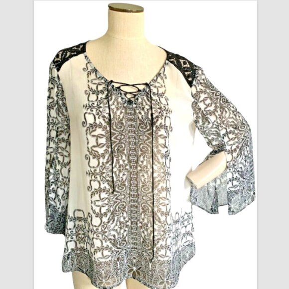 Fig & Flower Sheer BOHO Blouse Black White Lace-up V-Neck Sz L Black Lace #222L - Picture 1 of 6